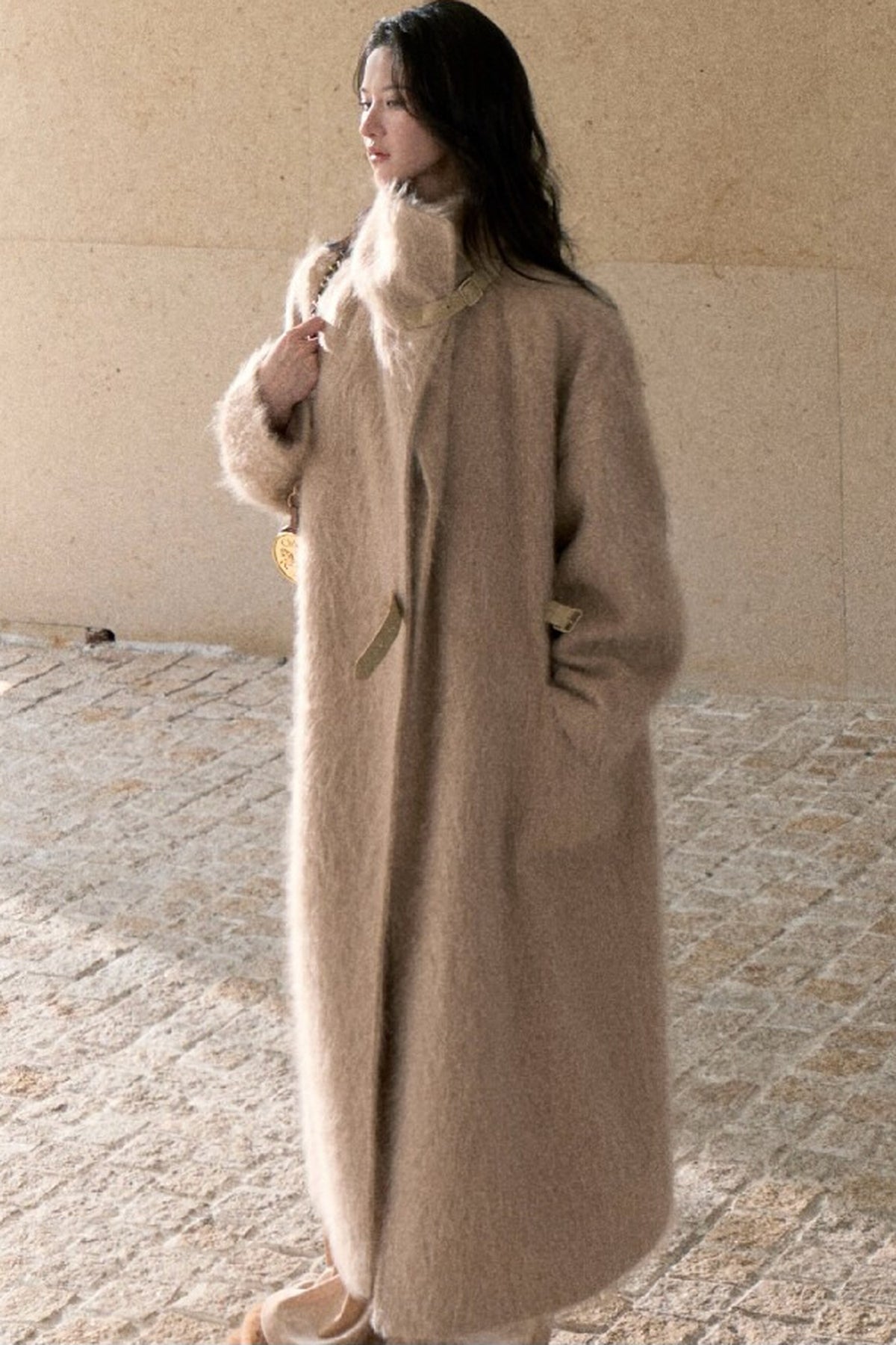 Brushed Cashmere Silk Funnel Collar Coat