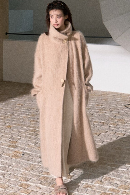 Brushed Cashmere Silk Funnel Collar Coat