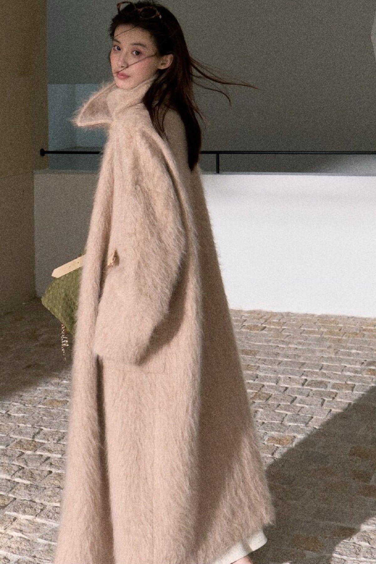 Brushed Cashmere Silk Funnel Collar Coat