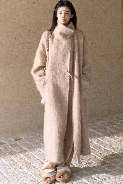 Brushed Cashmere Silk Funnel Collar Coat