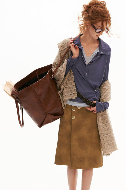 Irregular Waist Leather-Effect Button Skirt