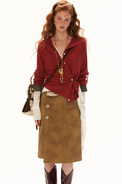 Irregular Waist Leather-Effect Button Skirt