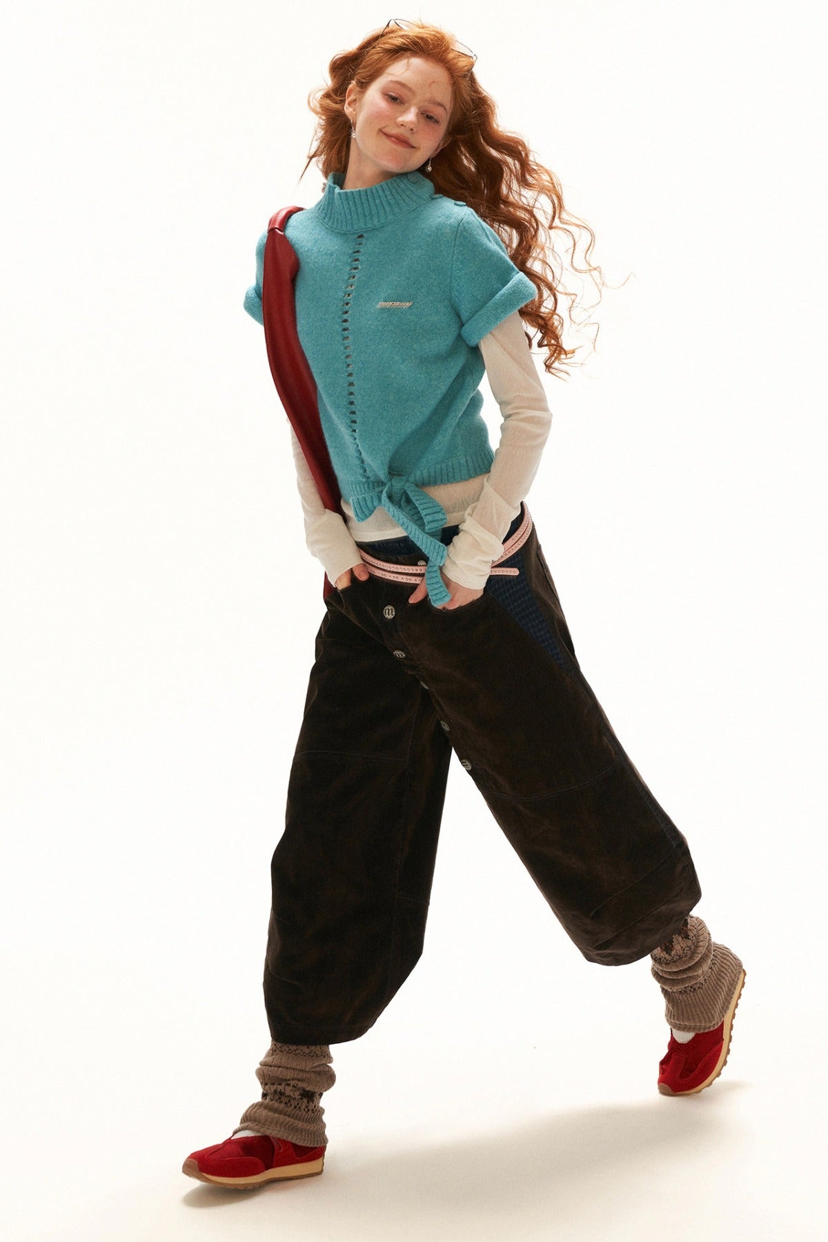 Stand-Up Collar Rolled-Sleeve Tie-Up Knit Sweater