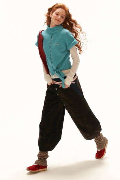 Stand-Up Collar Rolled-Sleeve Tie-Up Knit Sweater