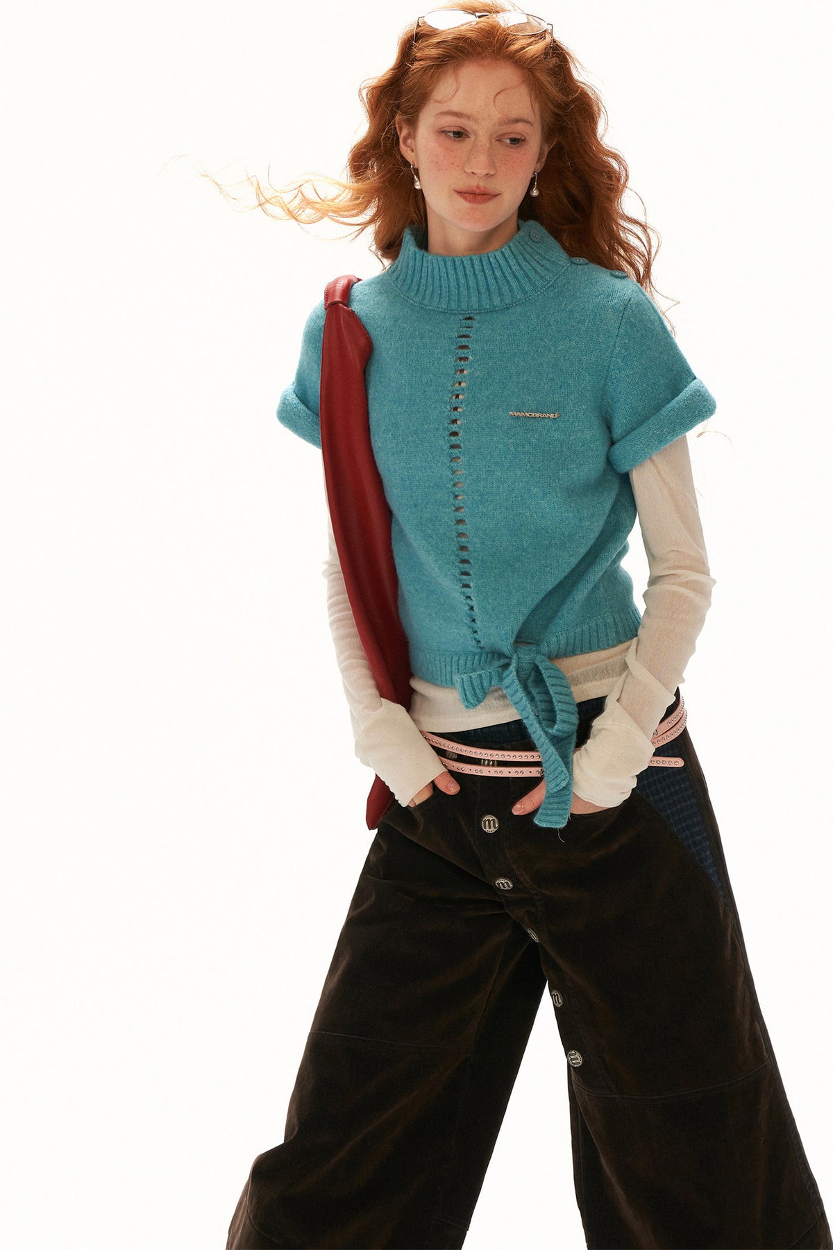 Stand-Up Collar Rolled-Sleeve Tie-Up Knit Sweater