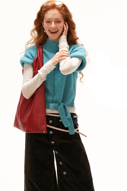 Stand-Up Collar Rolled-Sleeve Tie-Up Knit Sweater