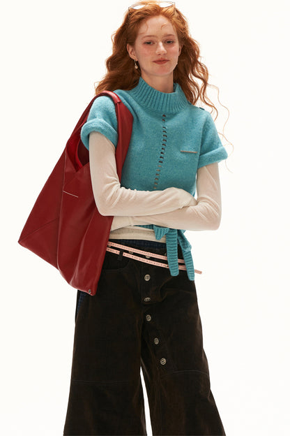 Stand-Up Collar Rolled-Sleeve Tie-Up Knit Sweater