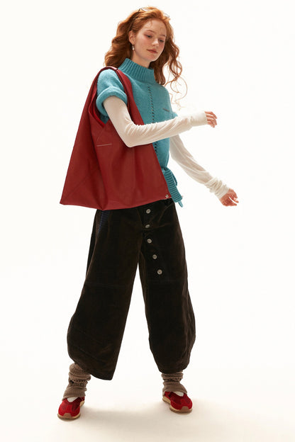 Stand-Up Collar Rolled-Sleeve Tie-Up Knit Sweater