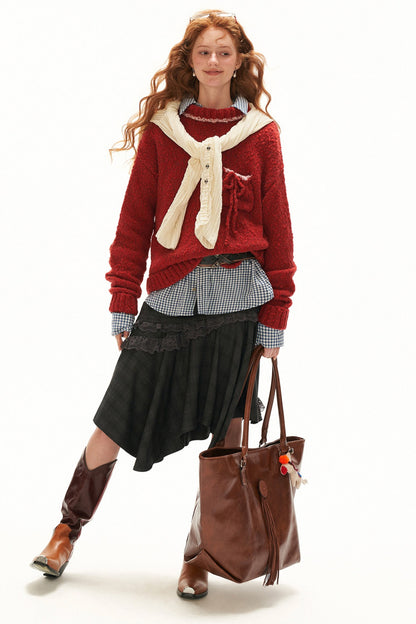 Loose Wool Yarn High Collar Pocket Sweater