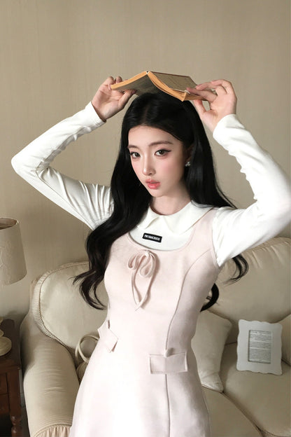 Doll Collar Bowknot Knit Top and Tank Dress Set-Up