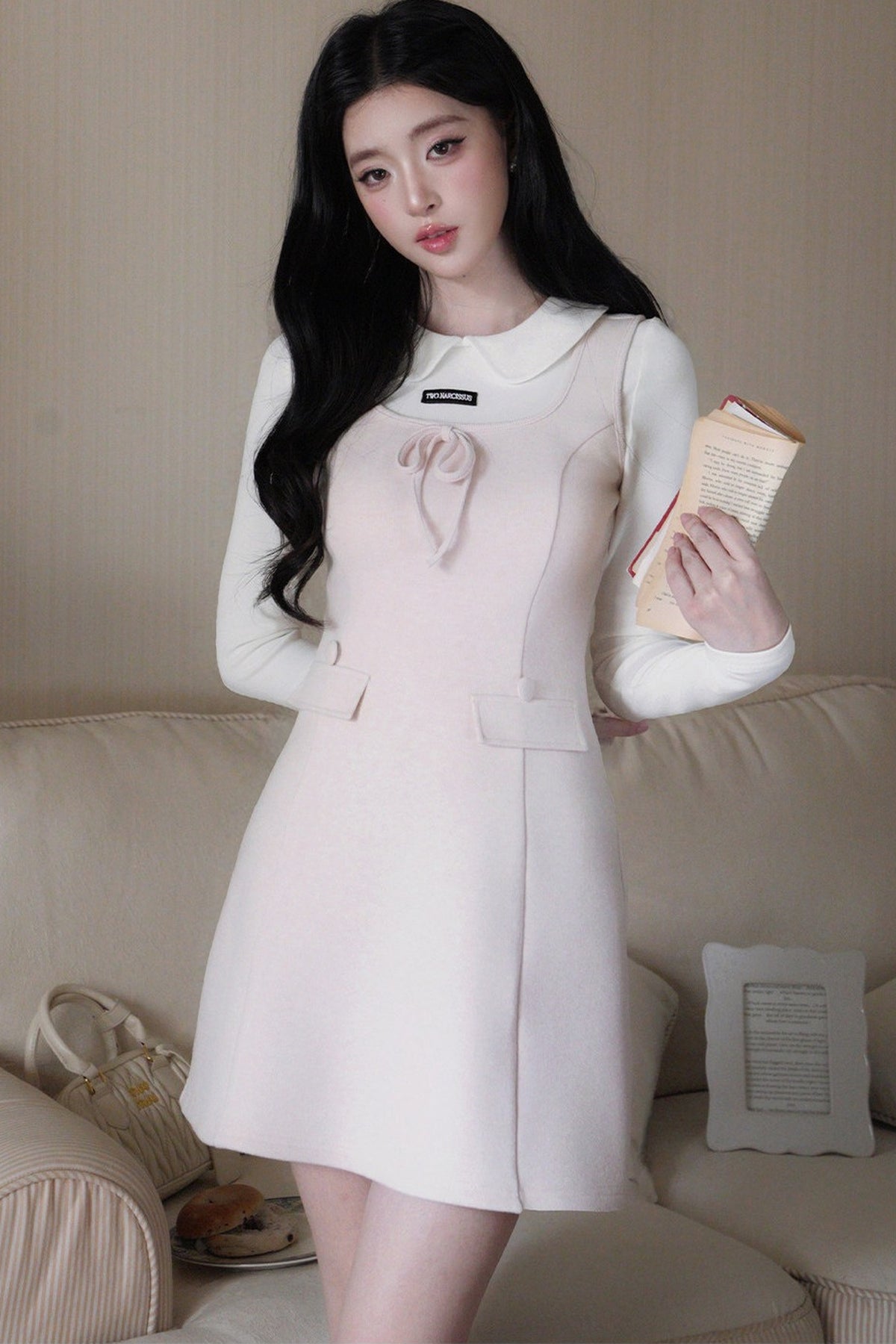 Doll Collar Bowknot Knit Top and Tank Dress Set-Up