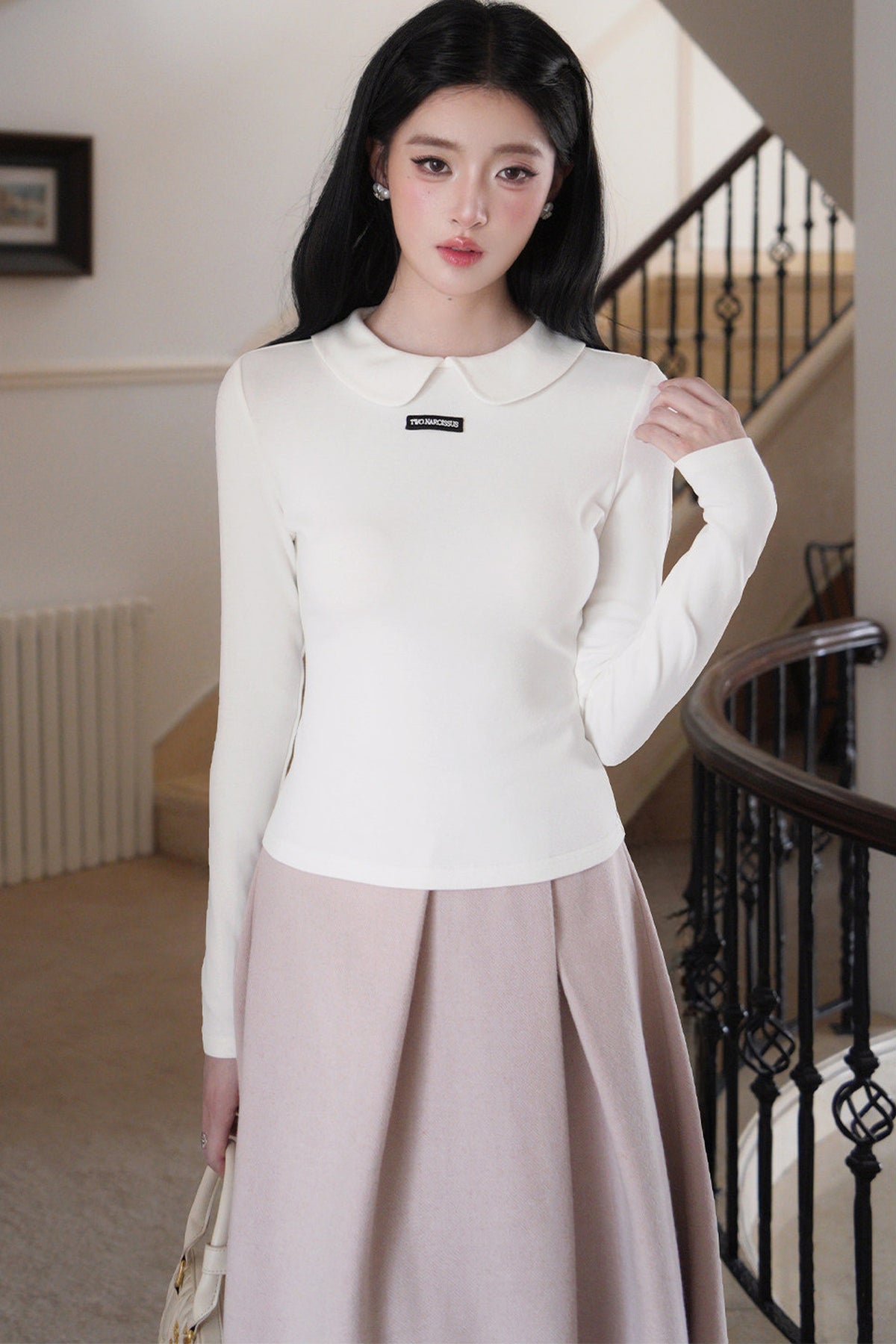 Doll Collar Bowknot Knit Top and Tank Dress Set-Up