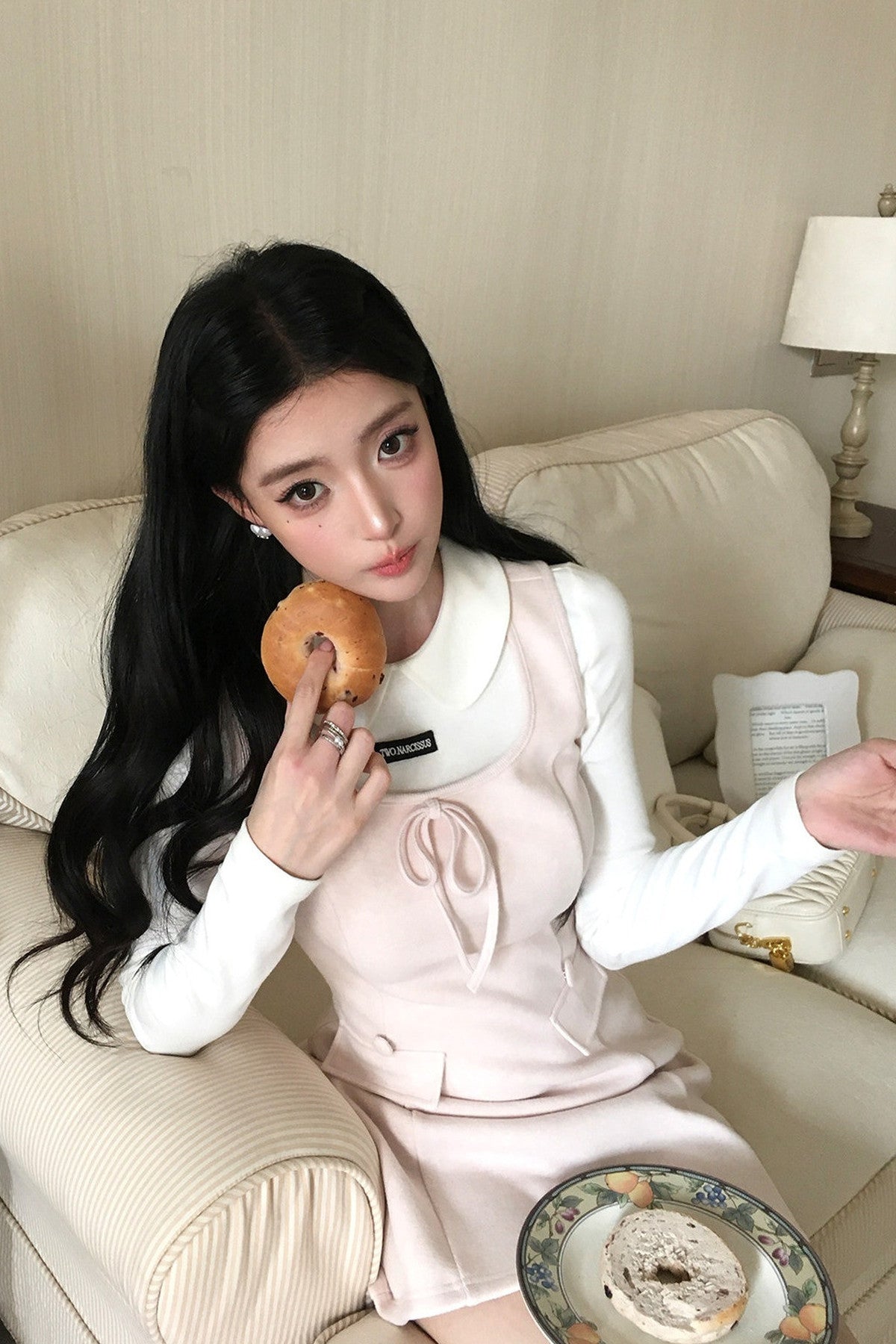 Doll Collar Bowknot Knit Top and Tank Dress Set-Up