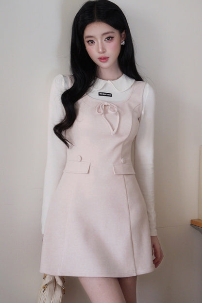 Doll Collar Bowknot Knit Top and Tank Dress Set-Up