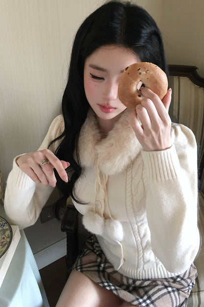 Fur Collar Single-Breasted Lace-Up Knit Cardigan
