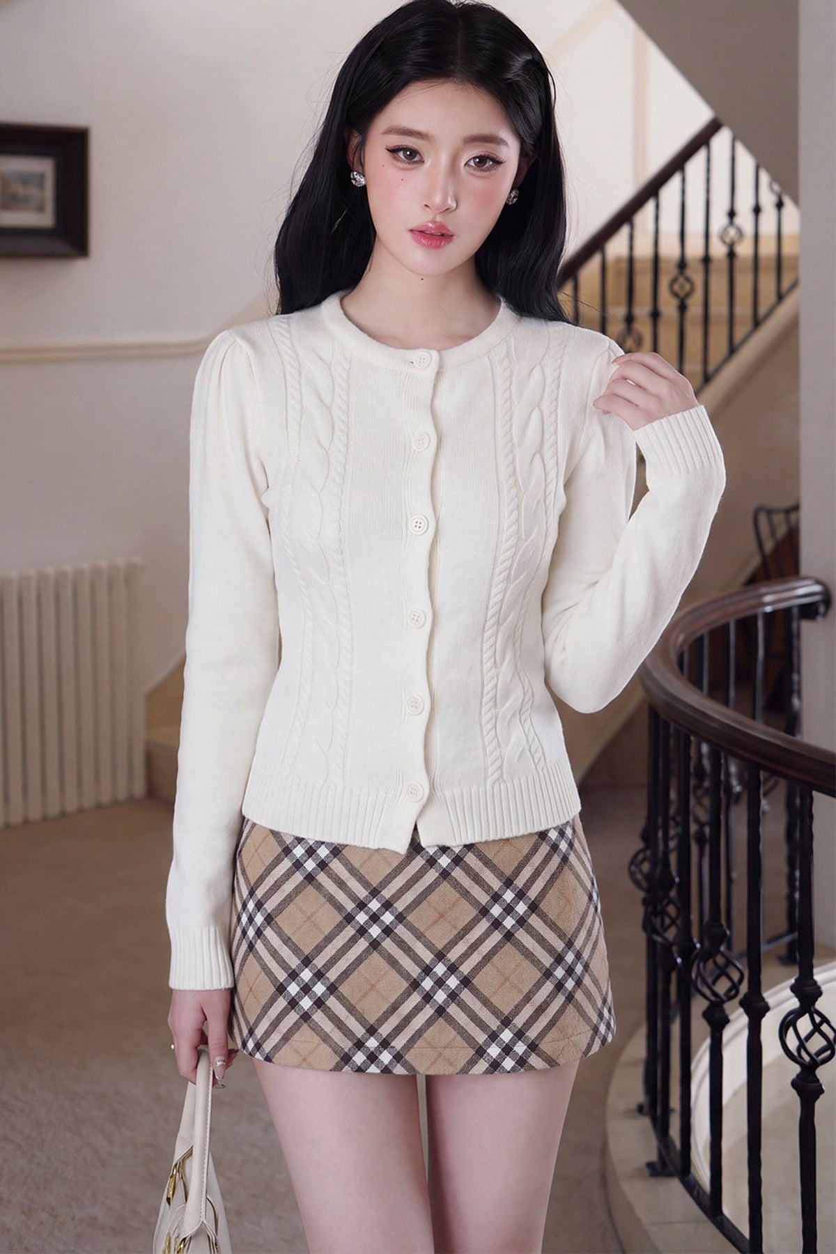 Fur Collar Single-Breasted Lace-Up Knit Cardigan