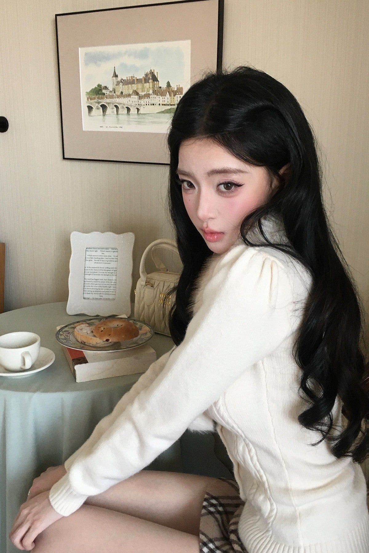 Fur Collar Single-Breasted Lace-Up Knit Cardigan
