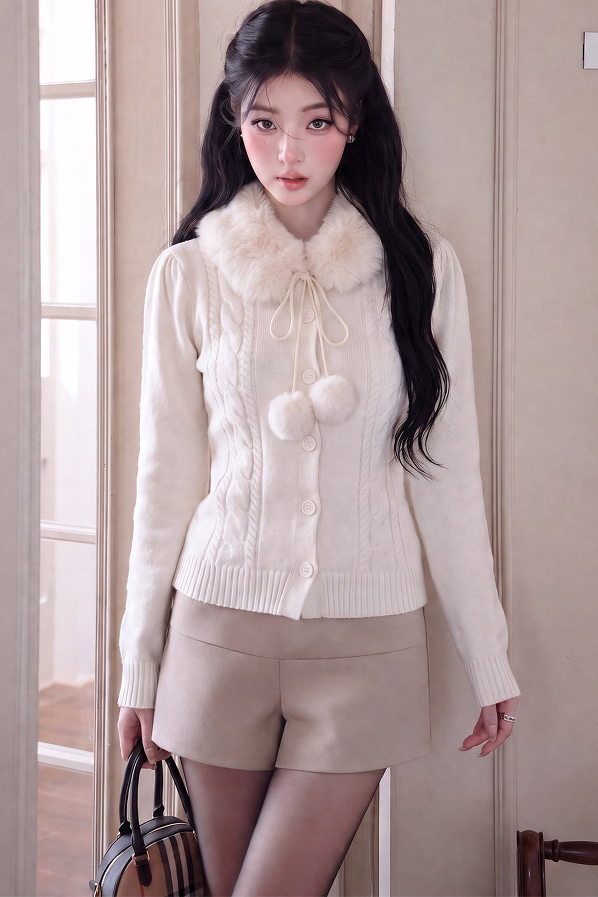Fur Collar Single-Breasted Lace-Up Knit Cardigan