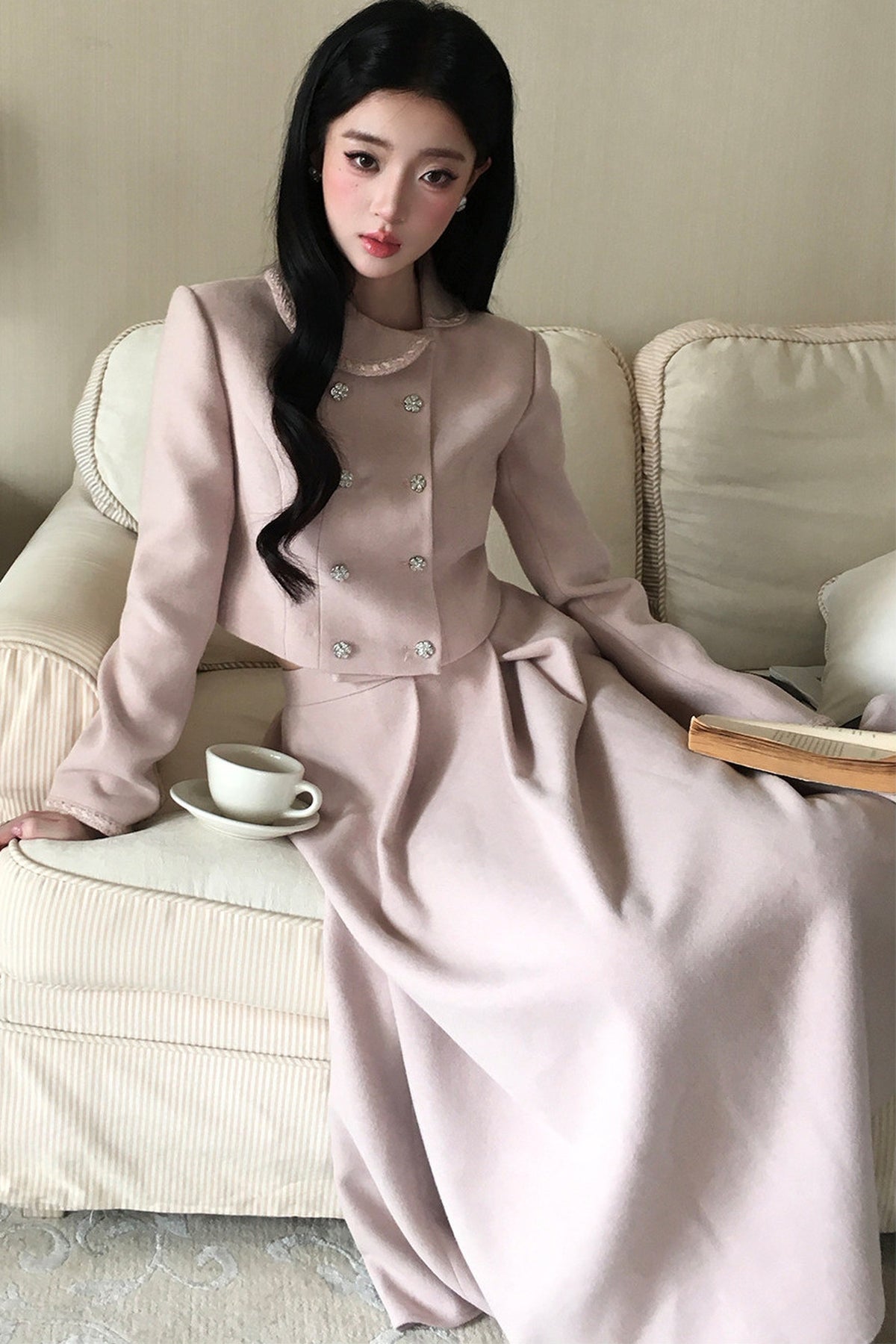 Hepburn Poster Double-Breasted Top and Long Skirt Set-Up