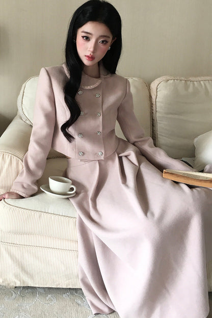 Hepburn Poster Double-Breasted Top and Long Skirt Set-Up