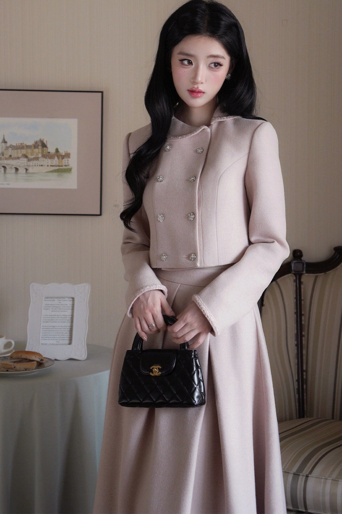 Hepburn Poster Double-Breasted Top and Long Skirt Set-Up