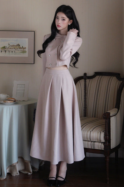 Hepburn Poster Double-Breasted Top and Long Skirt Set-Up