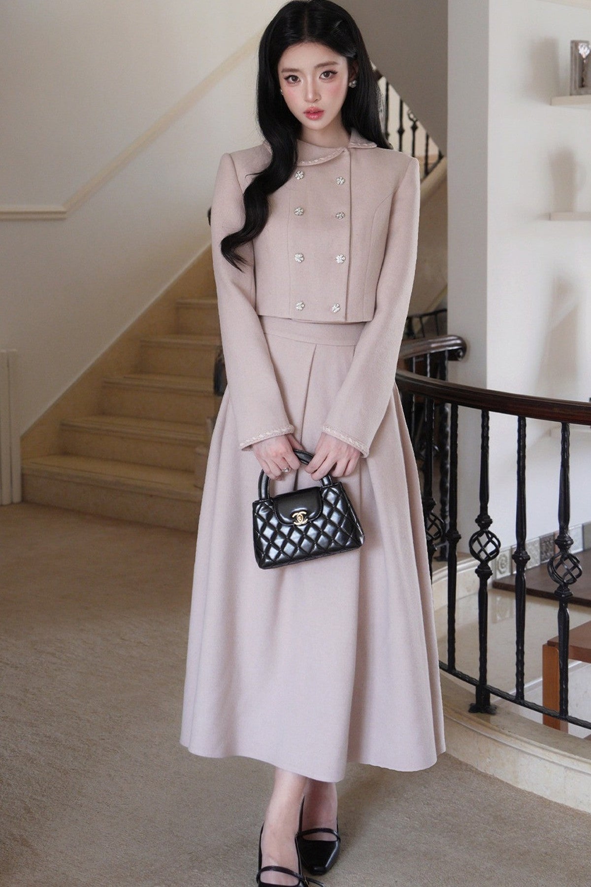 Hepburn Poster Double-Breasted Top and Long Skirt Set-Up