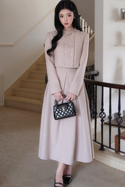Hepburn Poster Double-Breasted Top and Long Skirt Set-Up