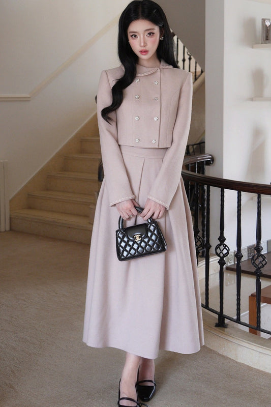 Hepburn Poster Double-Breasted Top and Long Skirt Set-Up