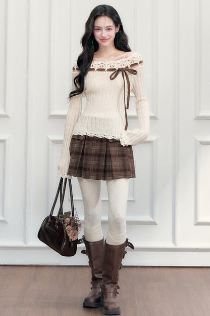 Ribbon Trim Crochet Off-Shoulder Knit Top And Short Skirt Set-Up