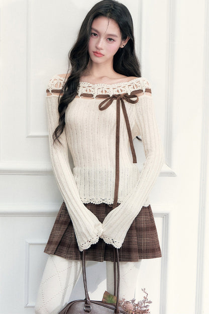 Ribbon Trim Crochet Off-Shoulder Knit Top And Short Skirt Set-Up