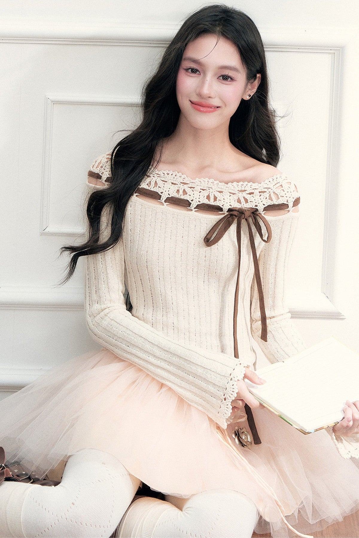 Ribbon Trim Crochet Off-Shoulder Knit Top And Short Skirt Set-Up