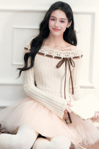 Ribbon Trim Crochet Off-Shoulder Knit Top And Short Skirt Set-Up