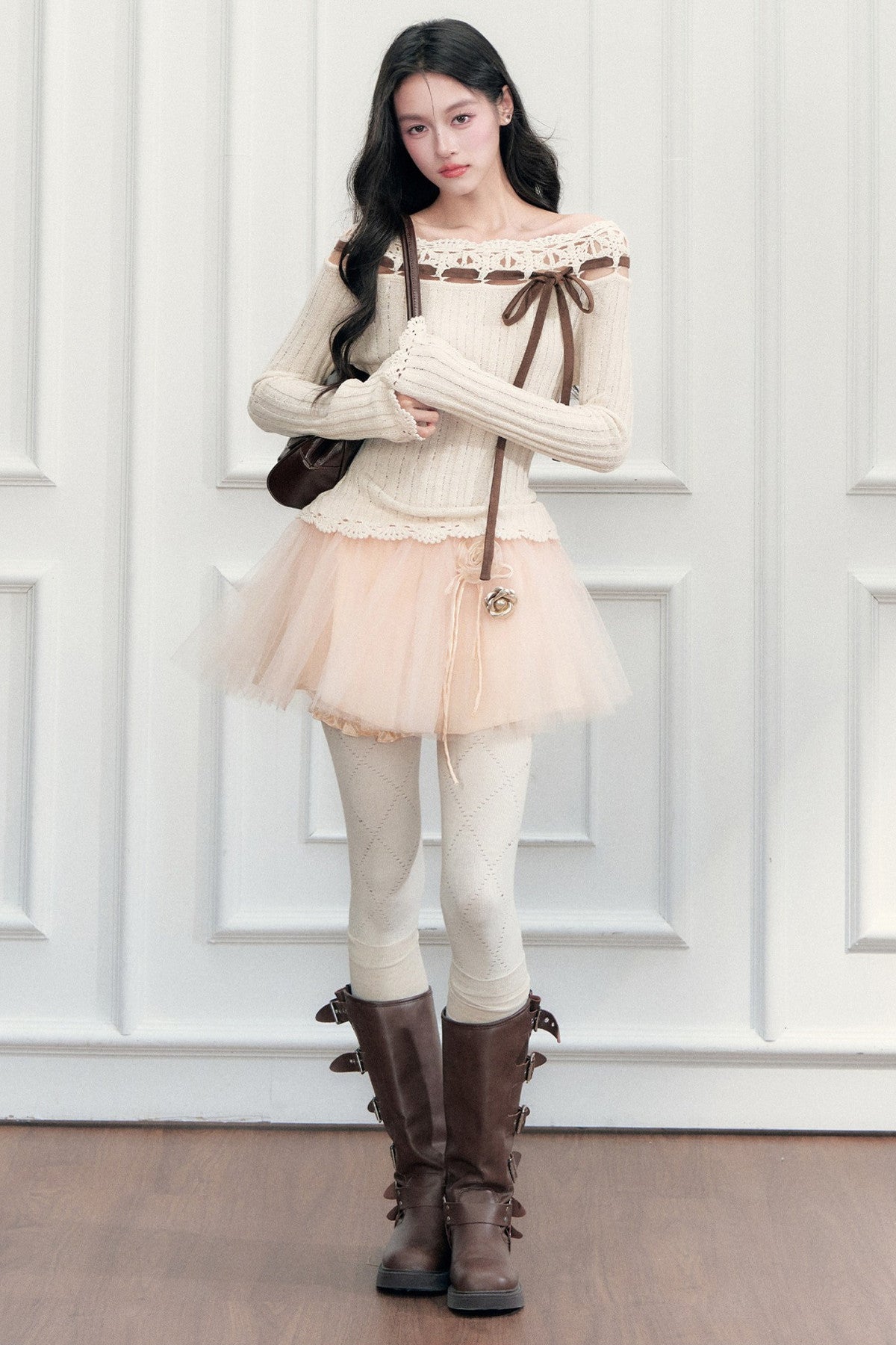 Ribbon Trim Crochet Off-Shoulder Knit Top And Short Skirt Set-Up