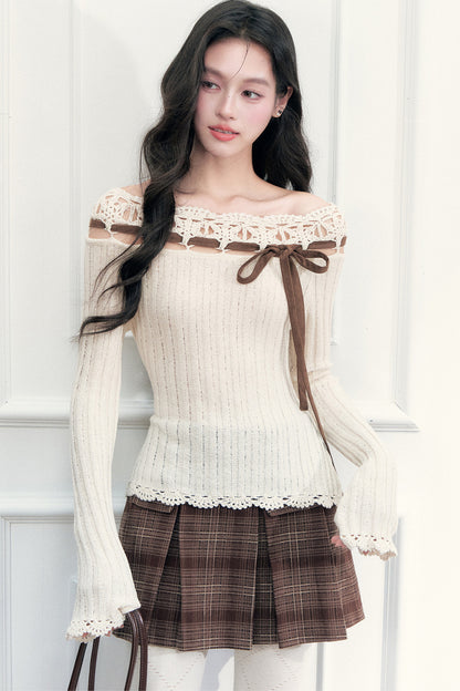 Ribbon Trim Crochet Off-Shoulder Knit Top And Short Skirt Set-Up
