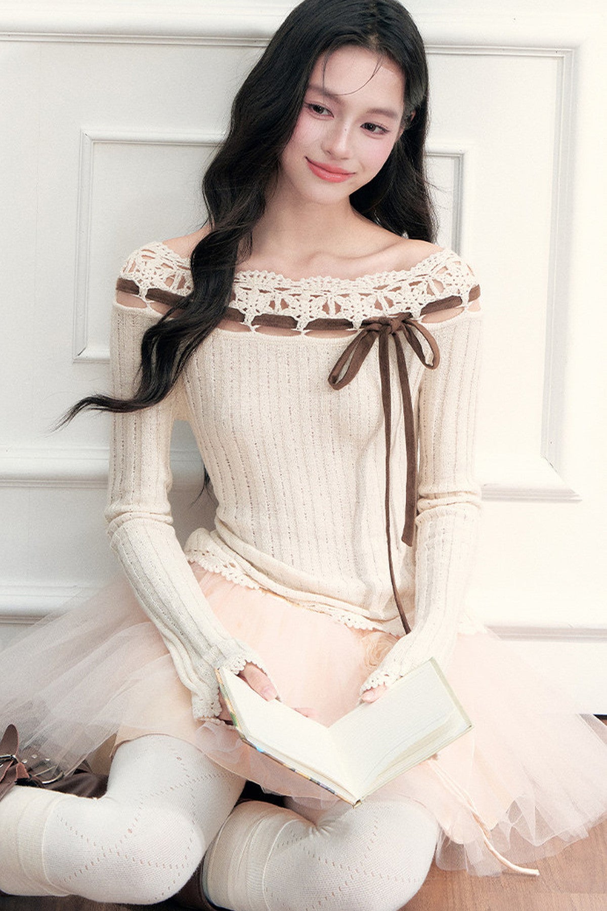 Ribbon Trim Crochet Off-Shoulder Knit Top And Short Skirt Set-Up