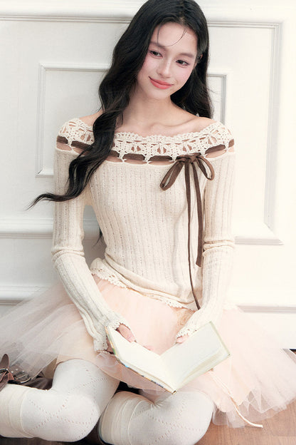 Ribbon Trim Crochet Off-Shoulder Knit Top And Short Skirt Set-Up