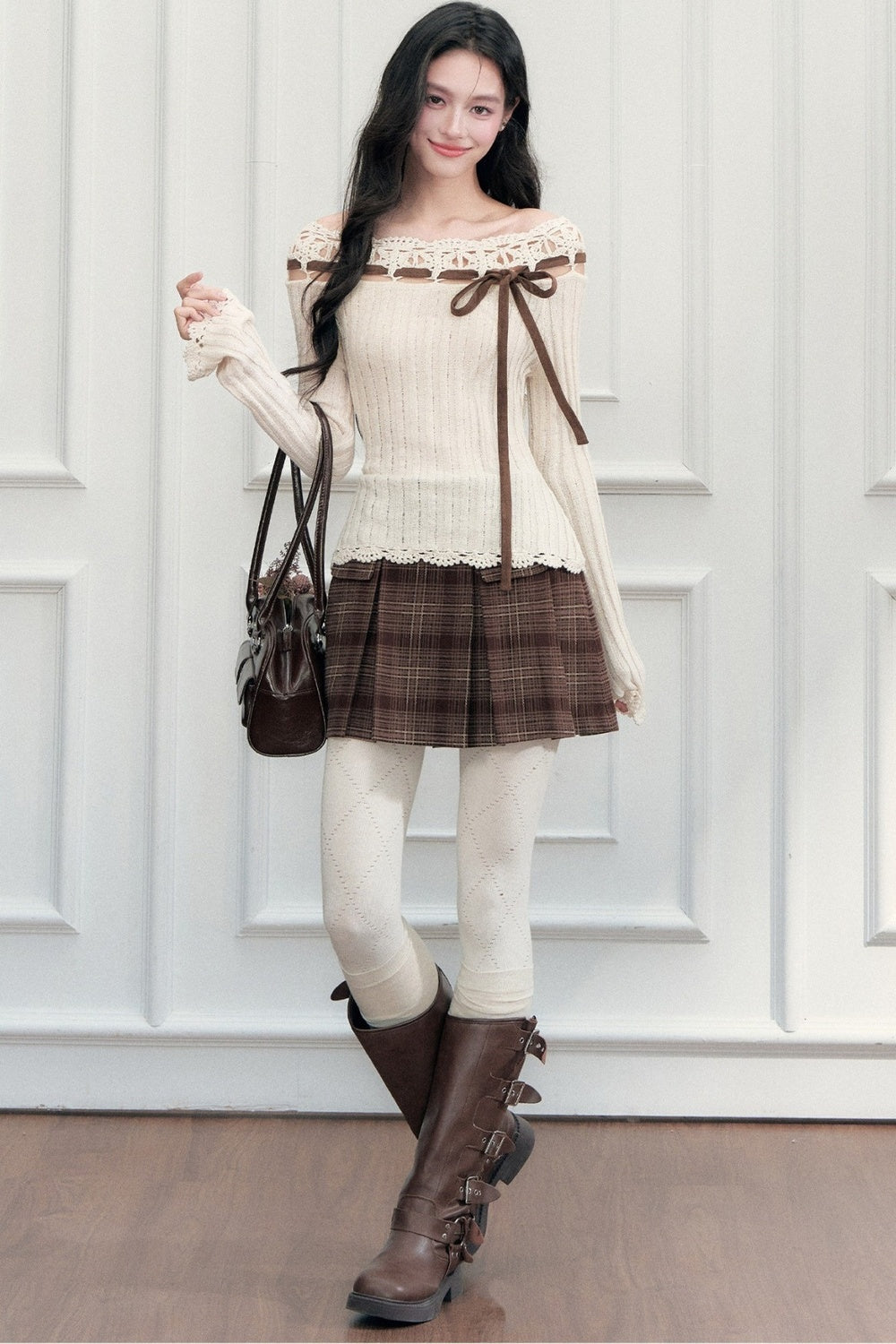 Ribbon Trim Crochet Off-Shoulder Knit Top And Short Skirt Set-Up