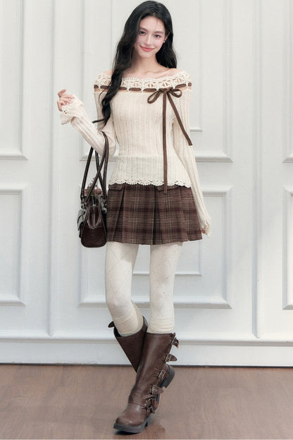 Ribbon Trim Crochet Off-Shoulder Knit Top And Short Skirt Set-Up