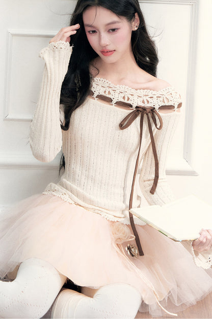 Ribbon Trim Crochet Off-Shoulder Knit Top And Short Skirt Set-Up