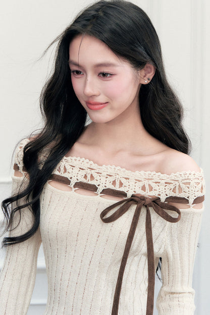 Ribbon Trim Crochet Off-Shoulder Knit Top And Short Skirt Set-Up