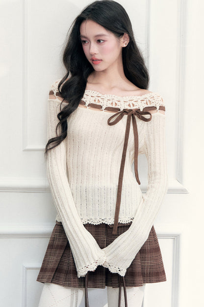 Ribbon Trim Crochet Off-Shoulder Knit Top And Short Skirt Set-Up