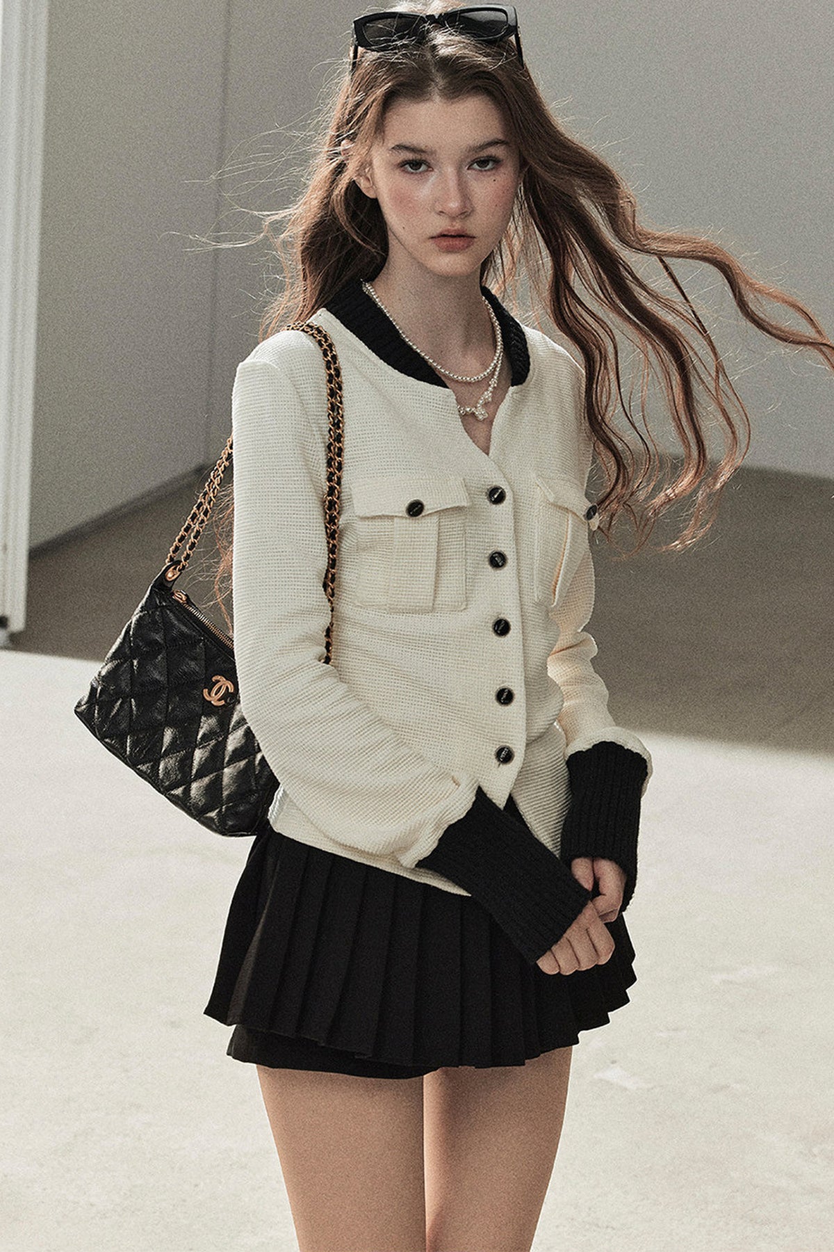 Little Style Waffle Knit Top and Pleated Skirt Set-Up