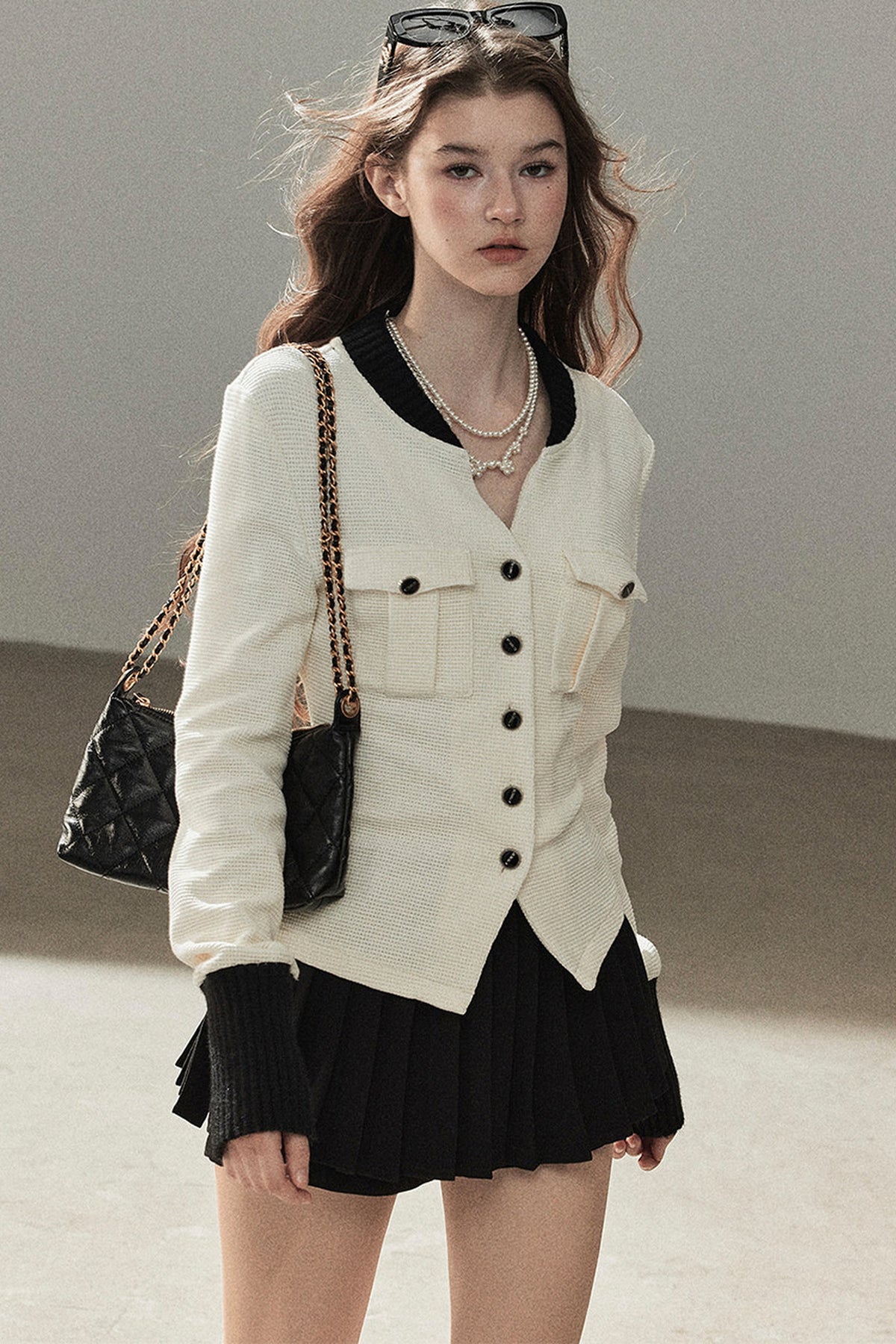 Little Style Waffle Knit Top and Pleated Skirt Set-Up