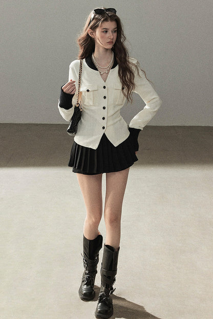 Little Style Waffle Knit Top and Pleated Skirt Set-Up