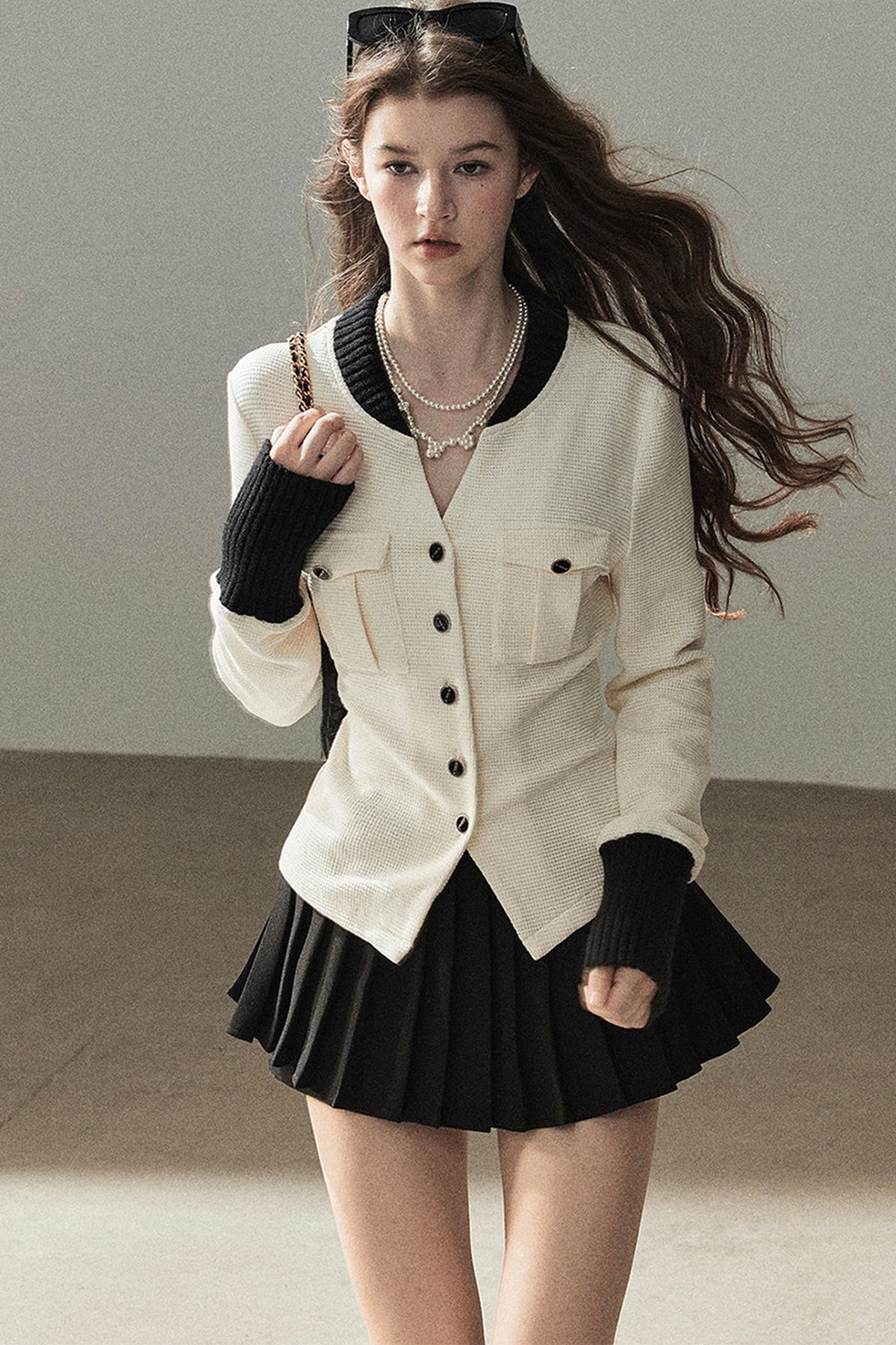 Little Style Waffle Knit Top and Pleated Skirt Set-Up