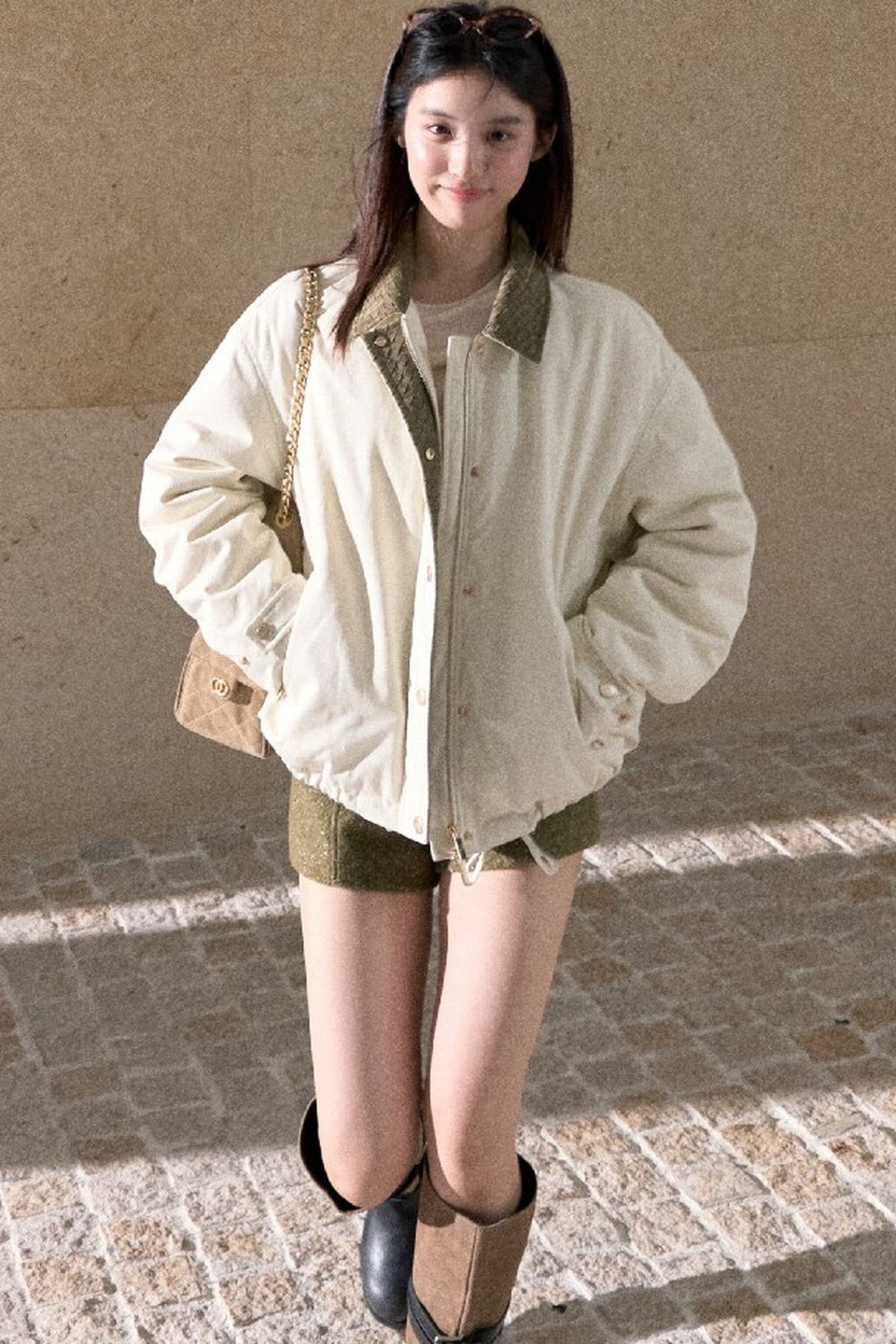 Suede Spliced 95% White Duck Down Jacket