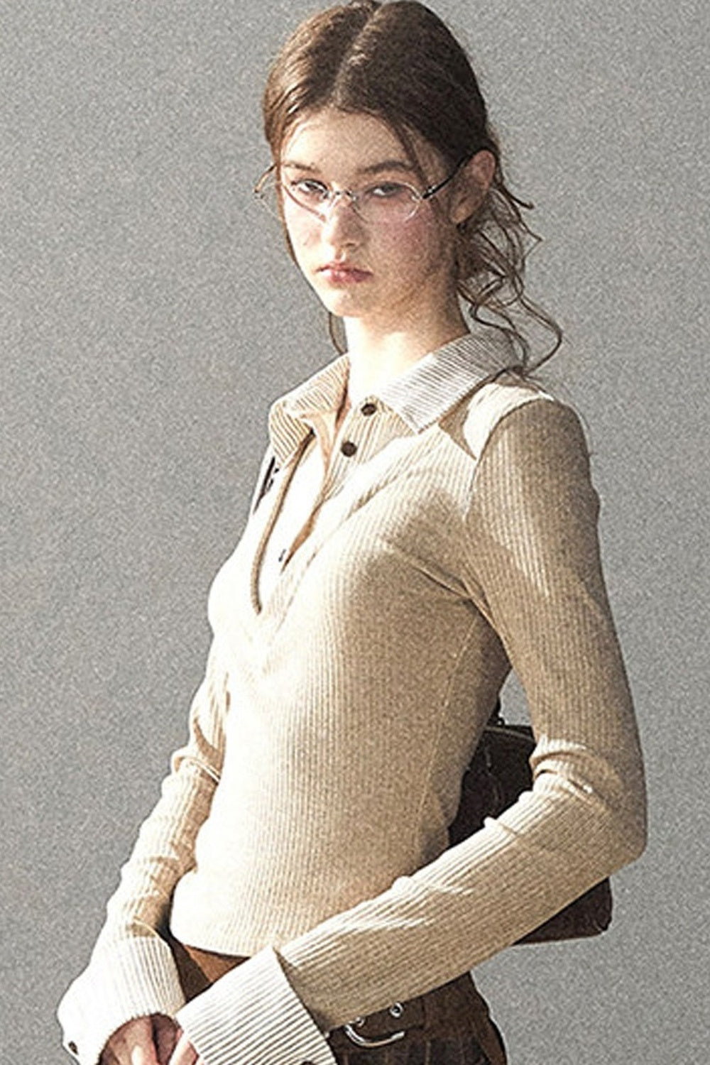 Layered-Look Polo Collar Striped Knit T-Shirt