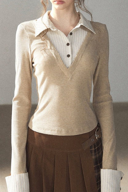 Layered-Look Polo Collar Striped Knit T-Shirt