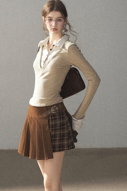 Layered-Look Polo Collar Striped Knit T-Shirt